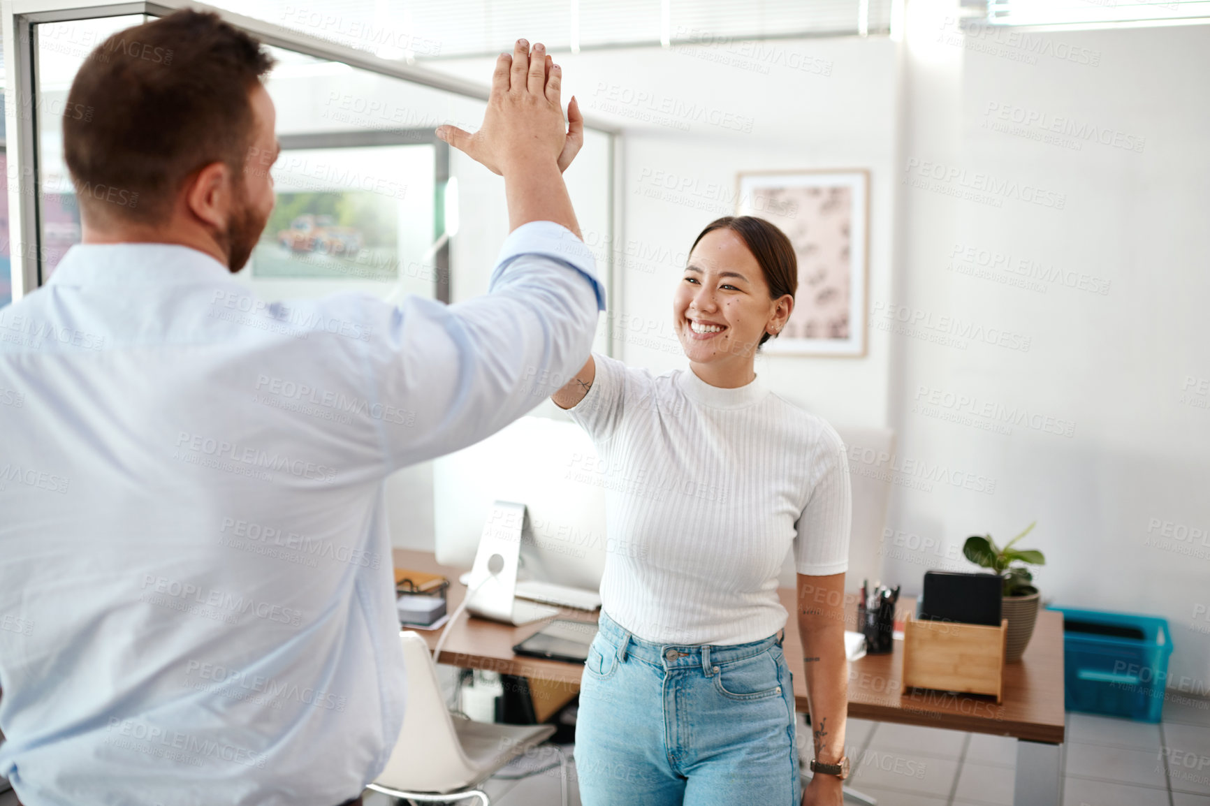 Buy stock photo High five, support and business people with success for company sales, project goals and winning in office startup. Yes, celebration and teamwork of asian woman and partner of target, results or news