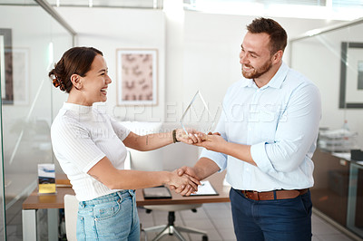 Buy stock photo Business people, award and handshake for winner employee and best salesman win. Congratulations, thank you and happy with support, success and achievement at company with smile and trophy at work