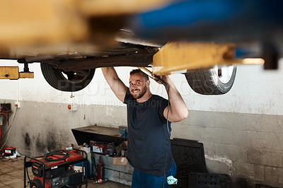 Buy stock photo Happy, portrait and maintenance with man and car in workshop for vehicle service and safety. Mechanic, smile and motor in garage for inspection, test or check and care for performance or road value