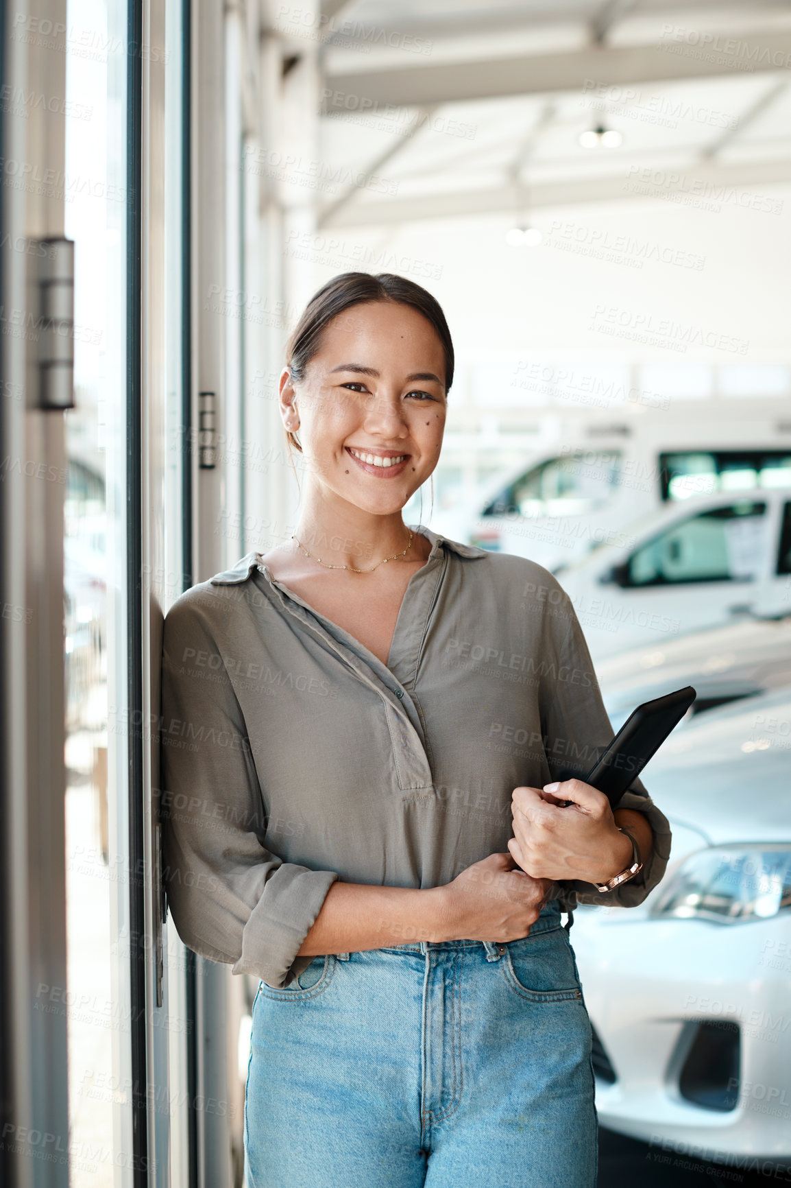 Buy stock photo Car dealership, portrait and woman with tablet, smile and confidence an auto insurance agency. Transport, rental and happy sales consultant at motor showroom with digital app for online networking