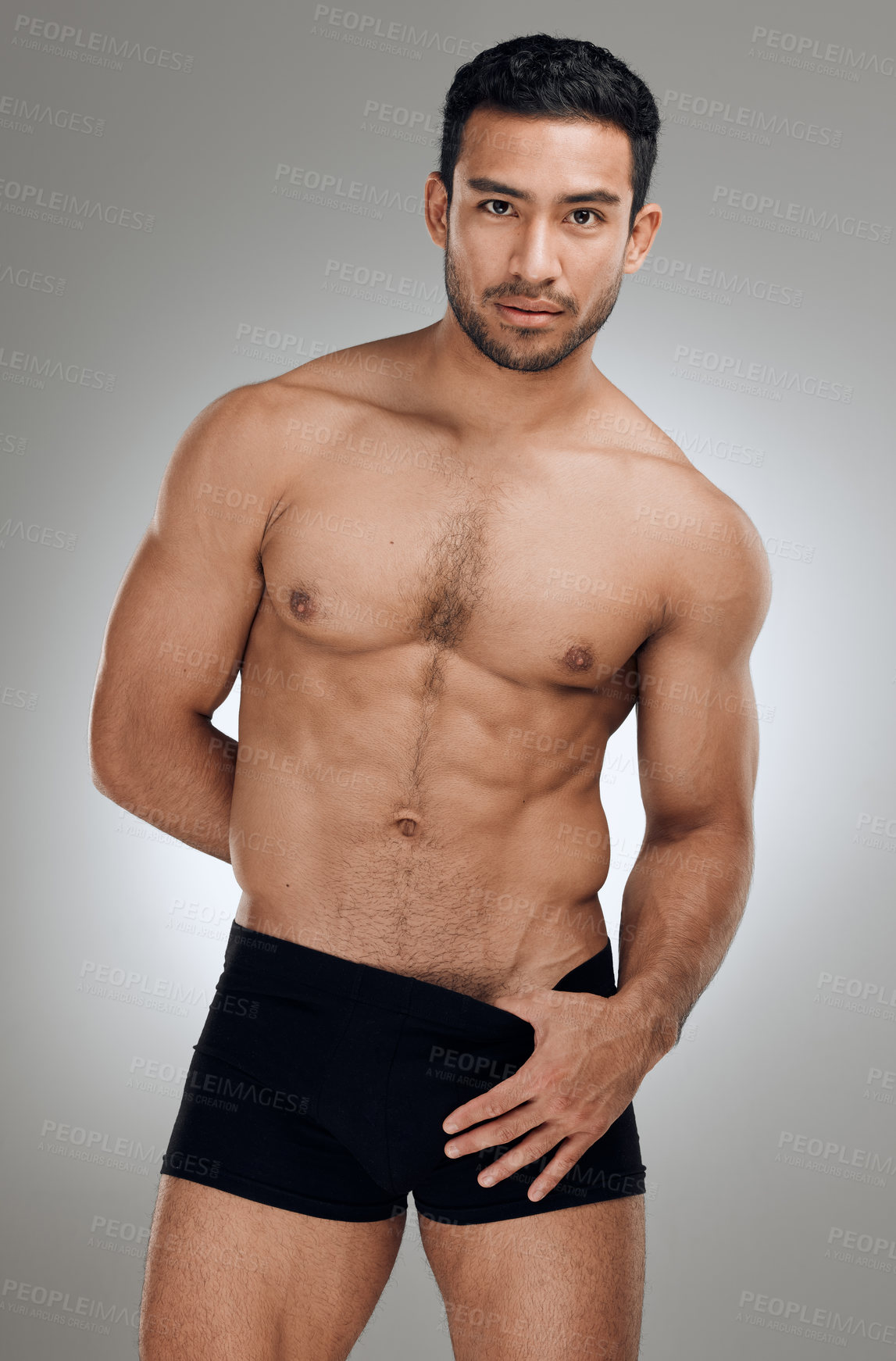 Buy stock photo Portrait, body muscle and man for fitness performance with exercise aesthetic and results for sport in studio. Topless, stripper guy and sexy abdomen with abs for sensual figure by grey background