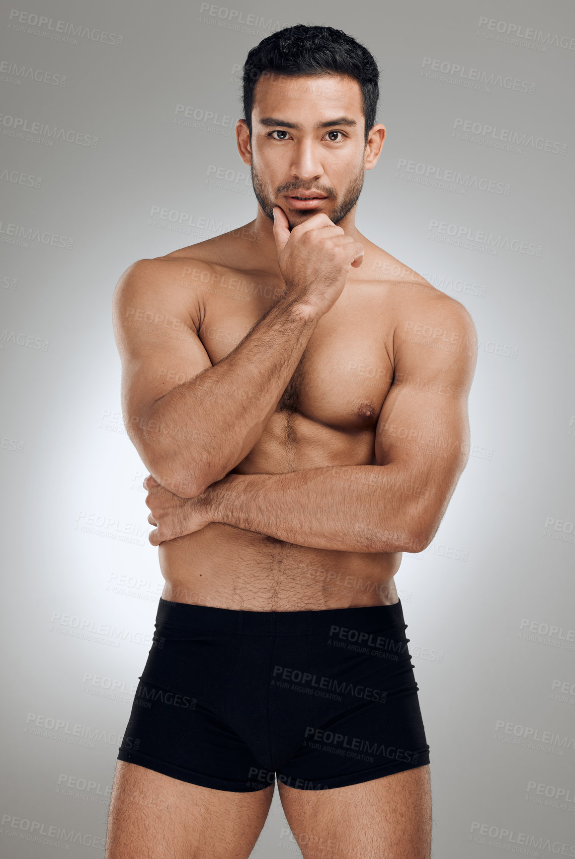 Buy stock photo Portrait, body skin and man for muscle development with exercise aesthetic and results for sport in studio. Shirtless, stripper guy and strong abdomen with abs for sensual figure by grey background