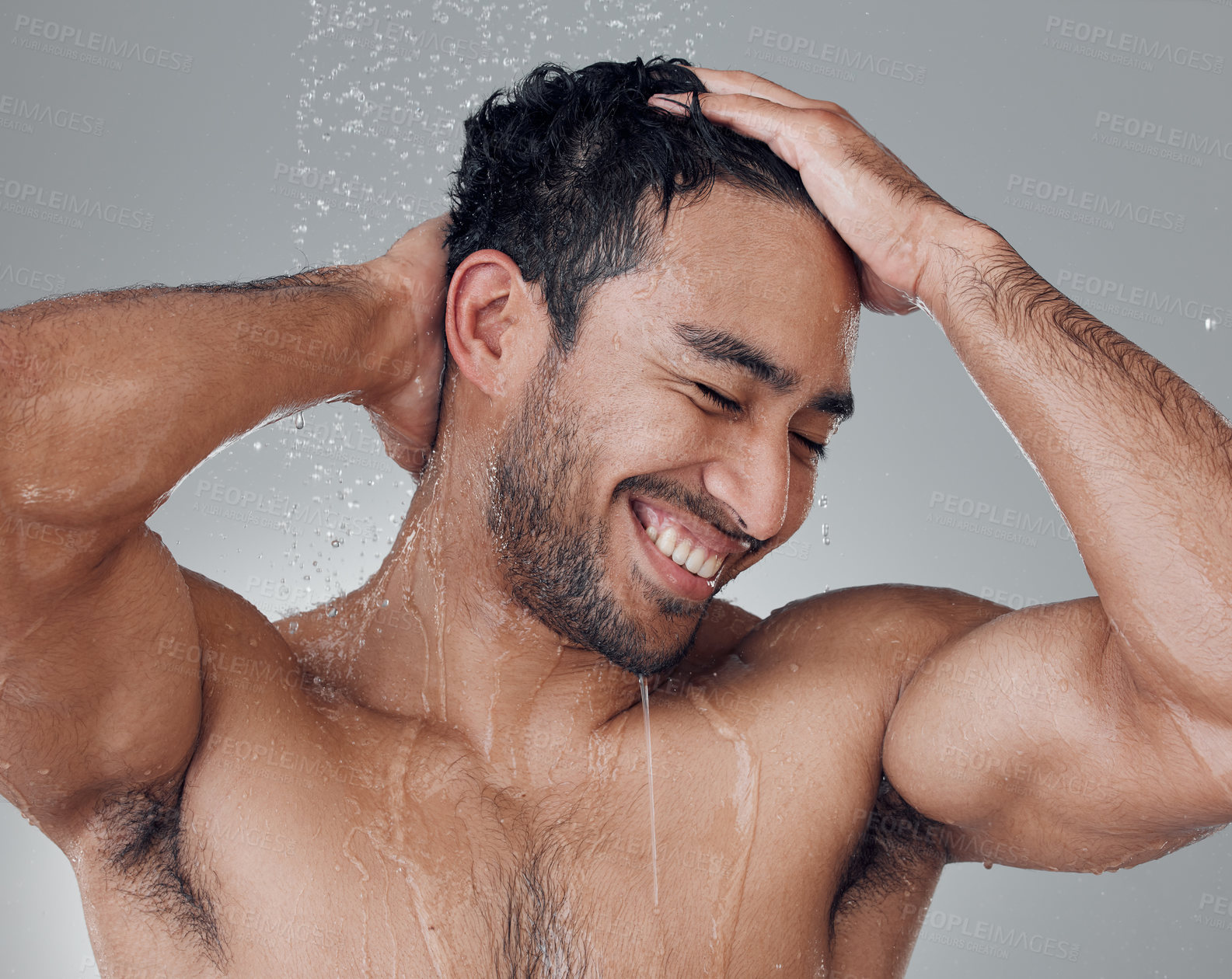 Buy stock photo Man, shower and washing in studio for haircare, water and cleaning or grooming on gray background. Male person, cosmetics and liquid for treatment in morning routine, health and hygiene or beauty