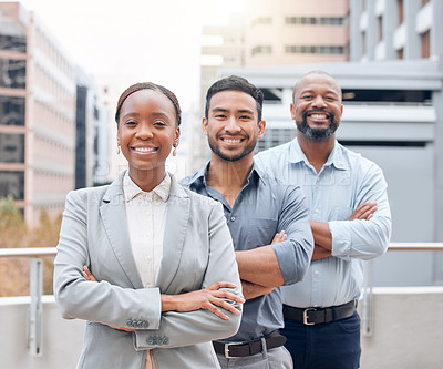 Buy stock photo Shot of a group of businesspeople standing outside together