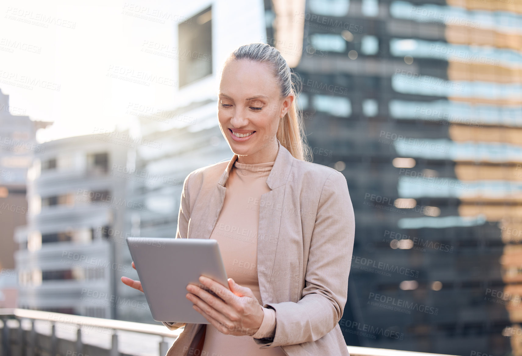 Buy stock photo Smile, businesswoman with tablet and happy in city background outdoors. Social media or connectivity, online communication and networking with female person writing an email on rooftop of building
