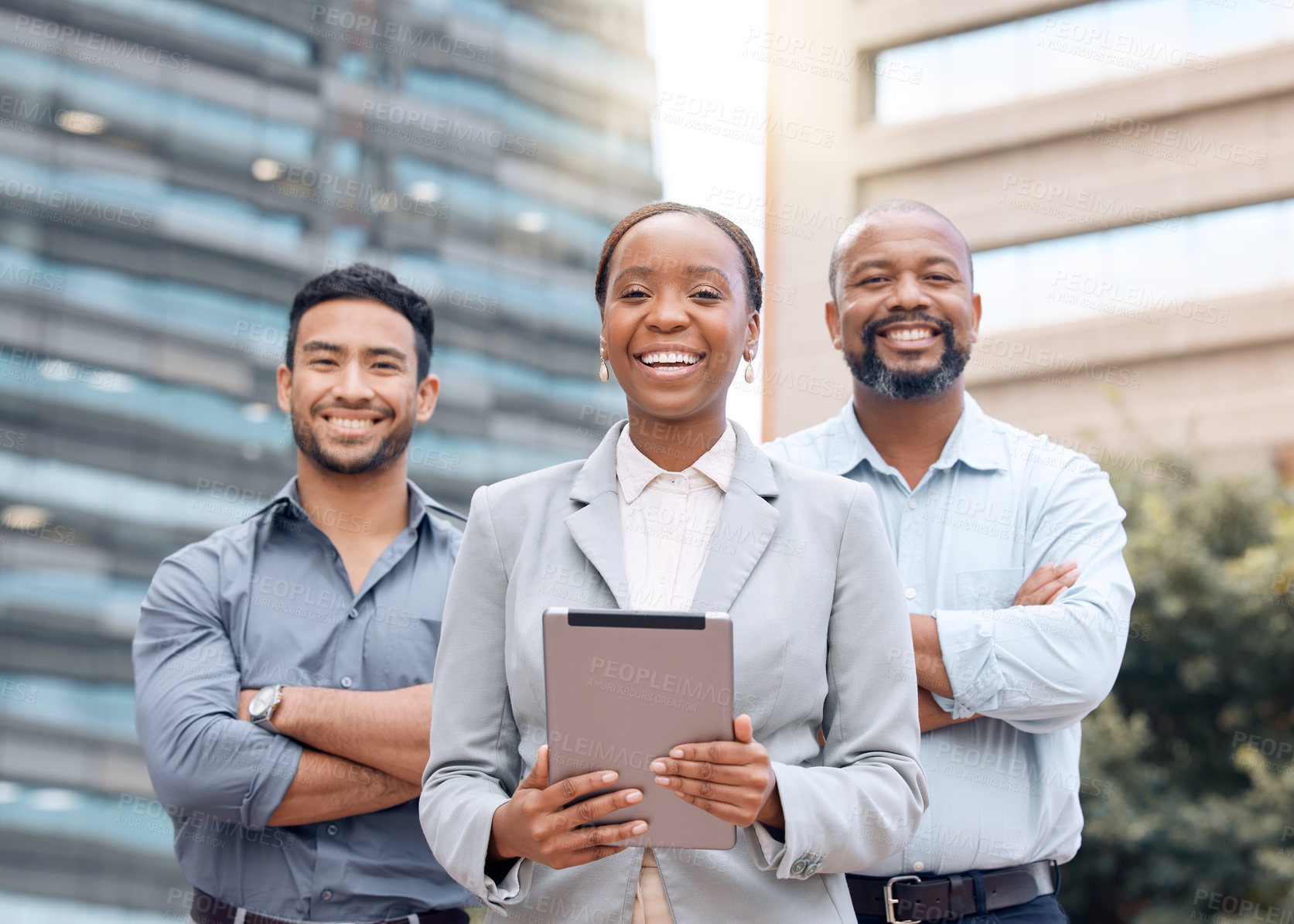 Buy stock photo Shot of a group of businesspeople standing outside together