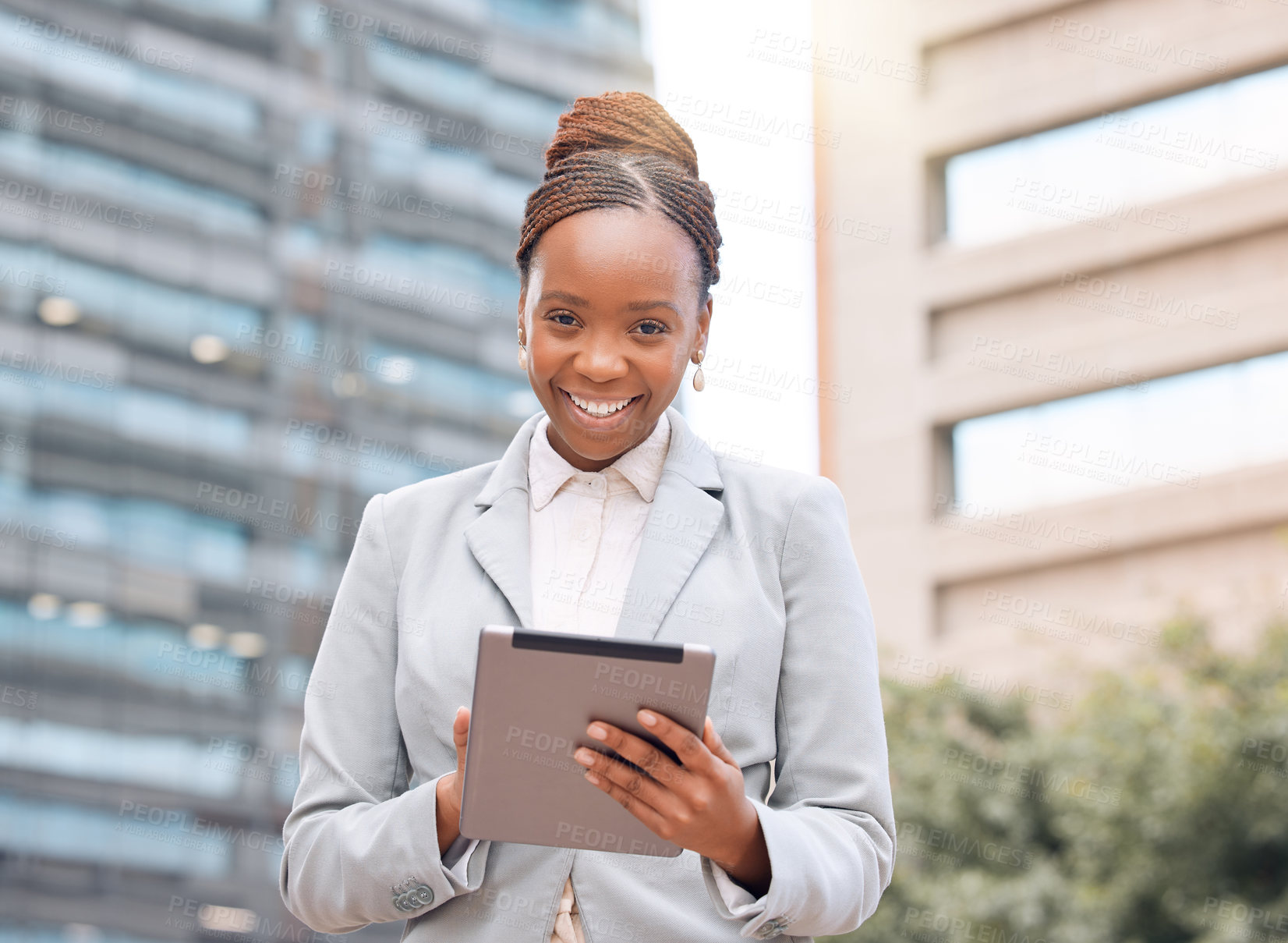 Buy stock photo Black woman, tablet and portrait in city with smile, communication and networking by buildings. Proud, urban and businesswoman with digital technology for email, social media and internet connection