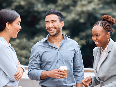 Buy stock photo Business people, coffee break and funny group in city together outdoor. Team, tea and laughing employees in street, man and women, coworkers or friends in comedy discussion, comic chat and talking.