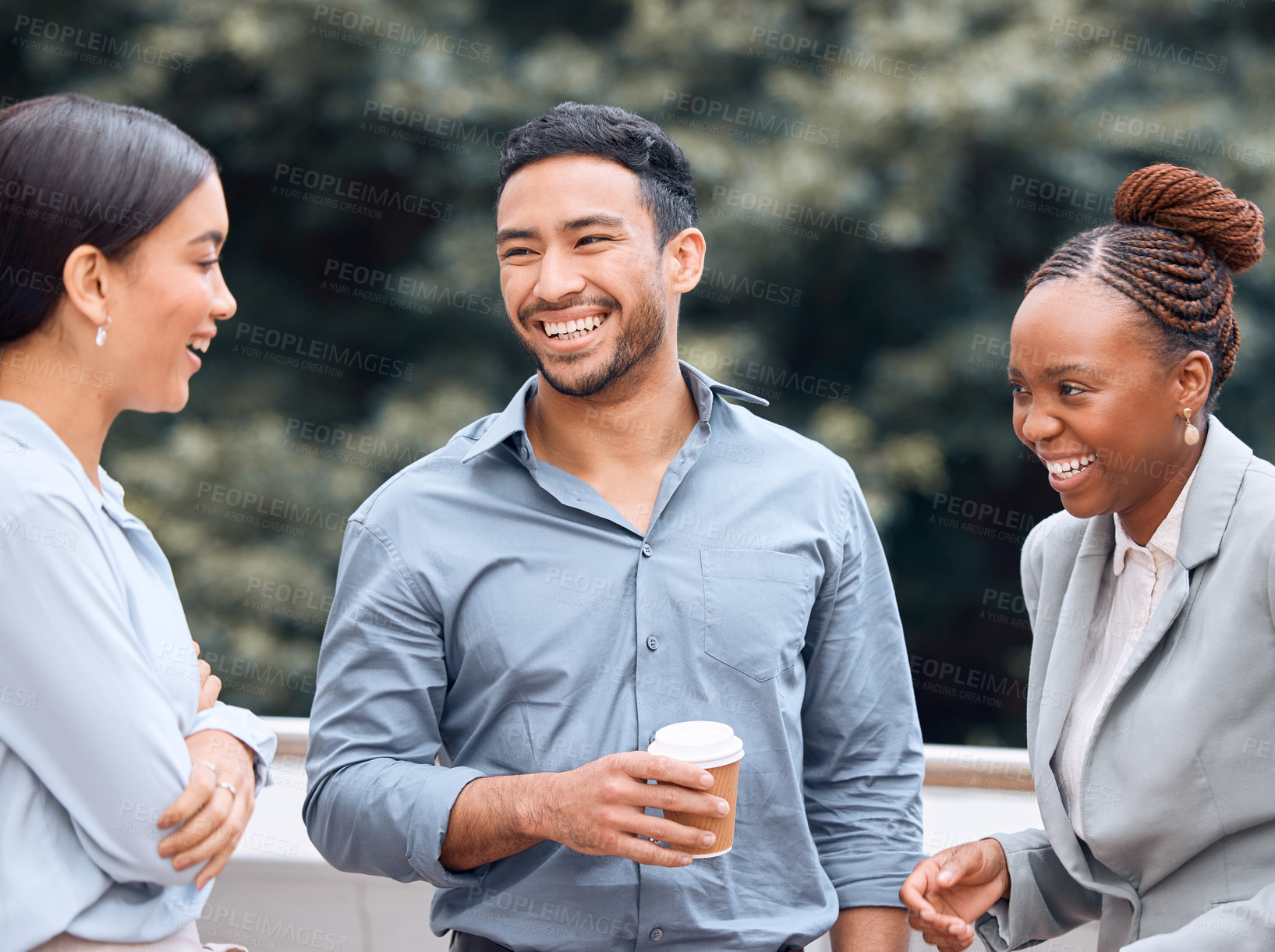 Buy stock photo Business people, coffee break and funny group in city together outdoor. Team, tea and laughing employees in street, man and women, coworkers or friends in comedy discussion, comic chat and talking.