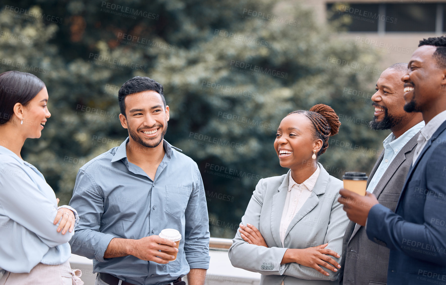 Buy stock photo Business people, coffee and lawyers talking in city on break together in street. Group, tea and happy employees outdoor, men and women, law coworkers or friends in funny conversation, comedy or chat.