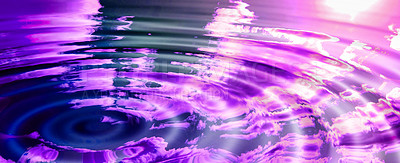 Buy stock photo An artificially created abstract rippled pink world with a reflection of the sky, clouds, and sun. Empty puddle purple water or liquid creating waves while reflecting nature outside after rain