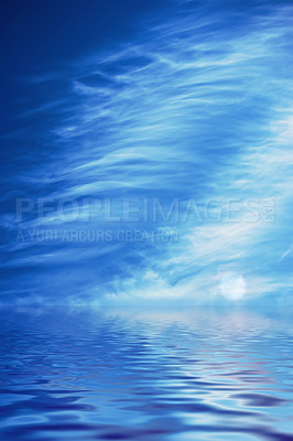 Buy stock photo Blue ocean with a cloudy sky showing light reflection on water for creative copy space background. Abstract seascape with round moon and ripple effect or wave pattern on quiet lake or peaceful puddle