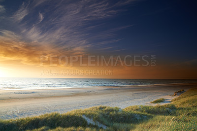 Buy stock photo A photo of sunset at the  coastline of Jutland, Denmark