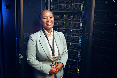 Buy stock photo Portrait of a young woman working in a server room