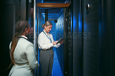 Buy stock photo Shot of two young IT specialists standing together in the server room