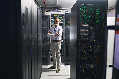 Buy stock photo Portrait of a mature man working in a server room