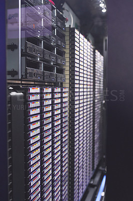 Buy stock photo Shot of electronic equipment in an empty server room