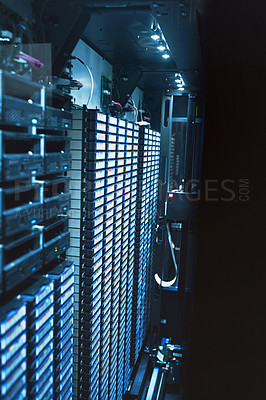 Buy stock photo Shot of electronic equipment in an empty server room