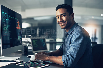 Buy stock photo Portrait, man and smile of programmer on computer in office workplace at night. IT, face and male coder or person programming, coding and writing for software development or information technology.