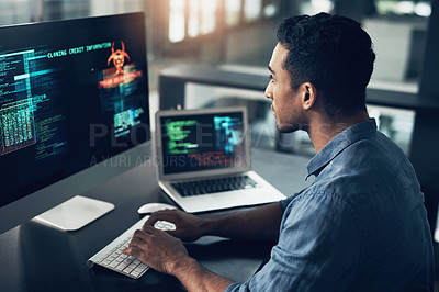 Buy stock photo Programming, error and man with cyber security, typing and focus with digital software, scam and finance. Male person, programmer or coder with technology, internet connection or analytics with fraud