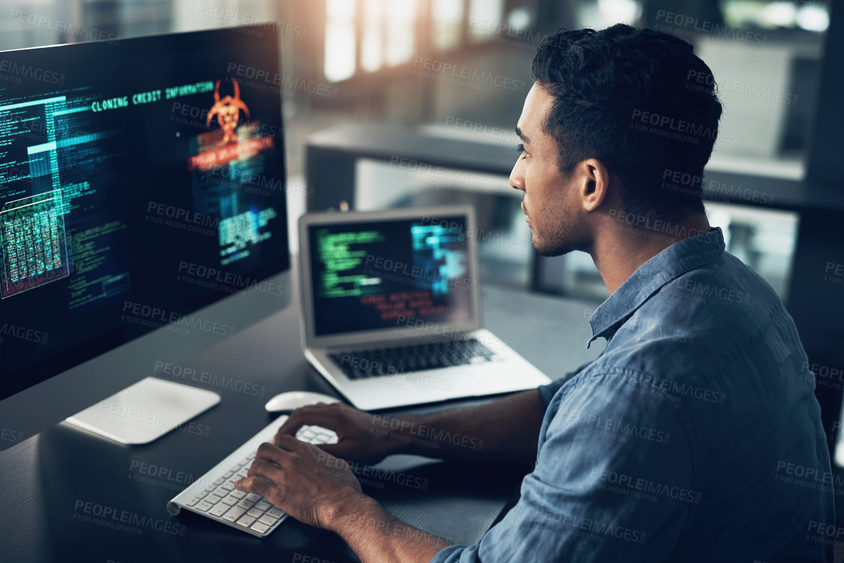 Buy stock photo Programming, error and man with cyber security, typing and focus with digital software, scam and finance. Male person, programmer or coder with technology, internet connection or analytics with fraud