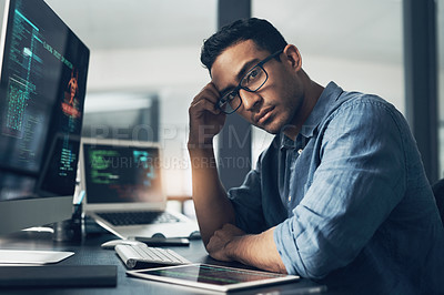 Buy stock photo Portrait of a man using a computer in a modern office