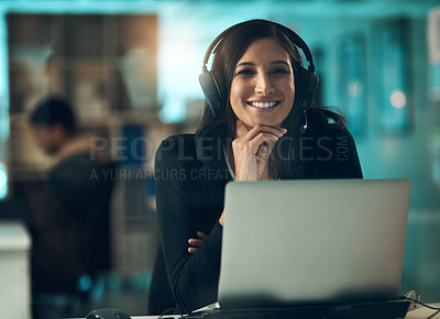 Buy stock photo Portrait of a young woman using a headset in a modern office