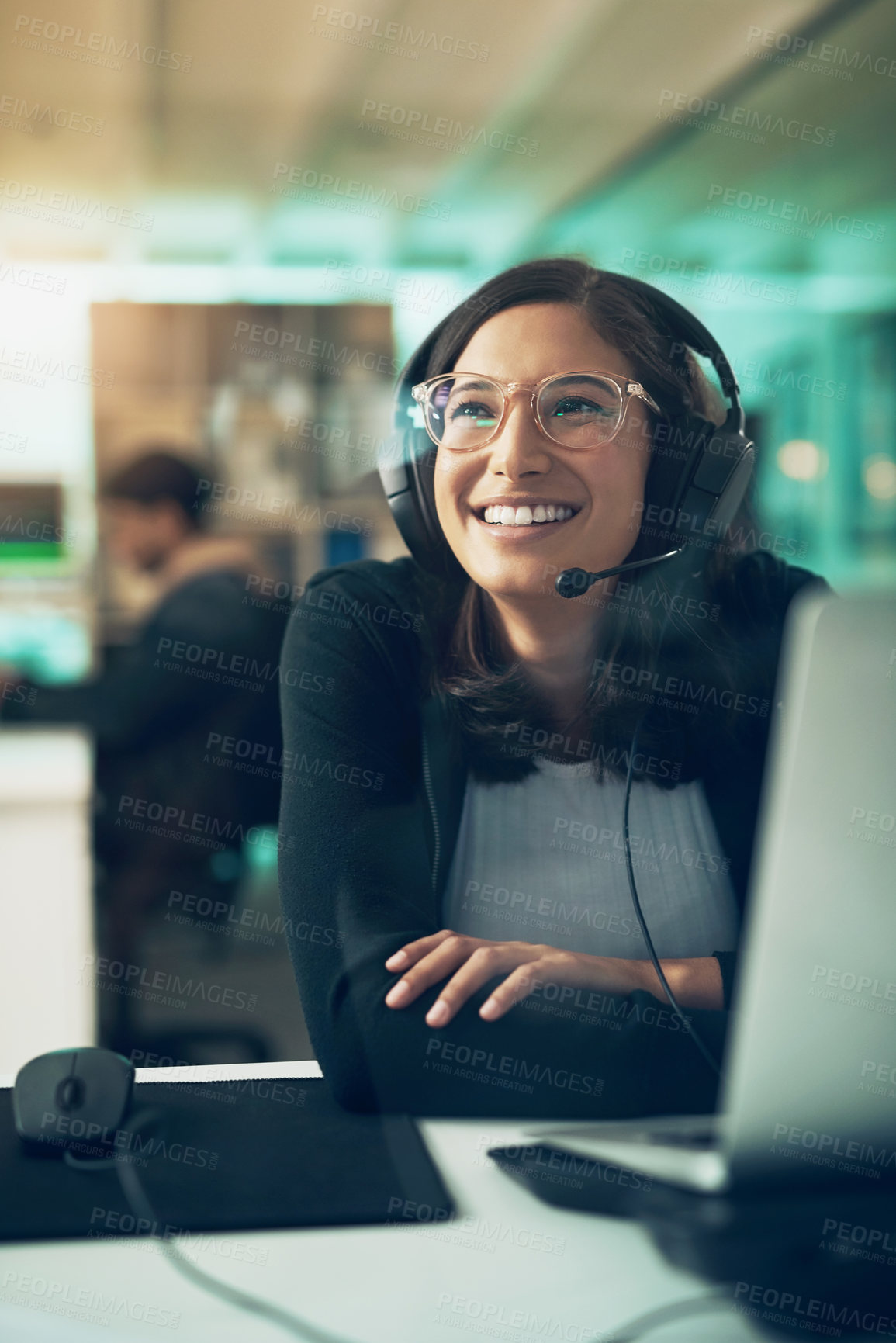 Buy stock photo Happy woman, help desk and thinking with headset in office, customer care or troubleshooting advice. Virtual assistant, smile and person with mic for chat, reflection and tech support in business