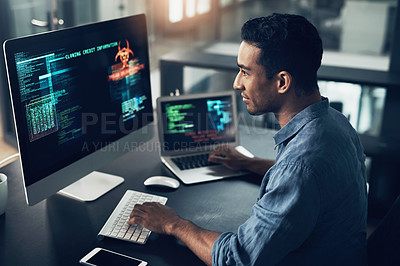 Buy stock photo Programmer, screen and man typing, coding and internet connection with digital software, computer error and cyber security. Male person, employee or coder with technology, big data or cloud computing