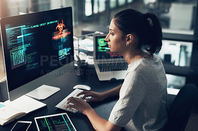 Buy stock photo Typing, woman and hacker, computer programmer or coder hacking data. IT, focus and female developer, engineer or person programming, coding and writing software for phishing, cyber security or virus.