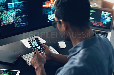 Buy stock photo Programming, smartphone or man typing, cyber security or digital software with internet connection. Male person, programmer or coder with a cellphone, technology or analytics with website information