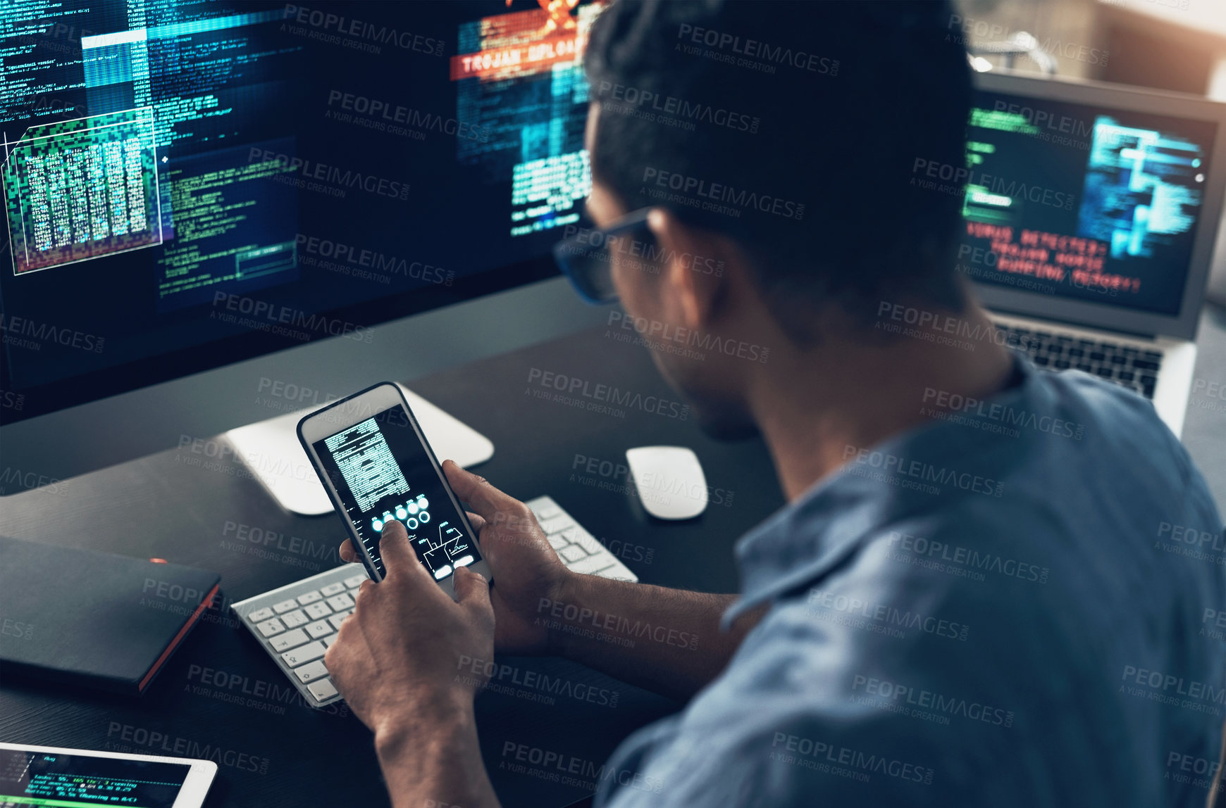 Buy stock photo Programming, smartphone or man typing, cyber security or digital software with internet connection. Male person, programmer or coder with a cellphone, technology or analytics with website information