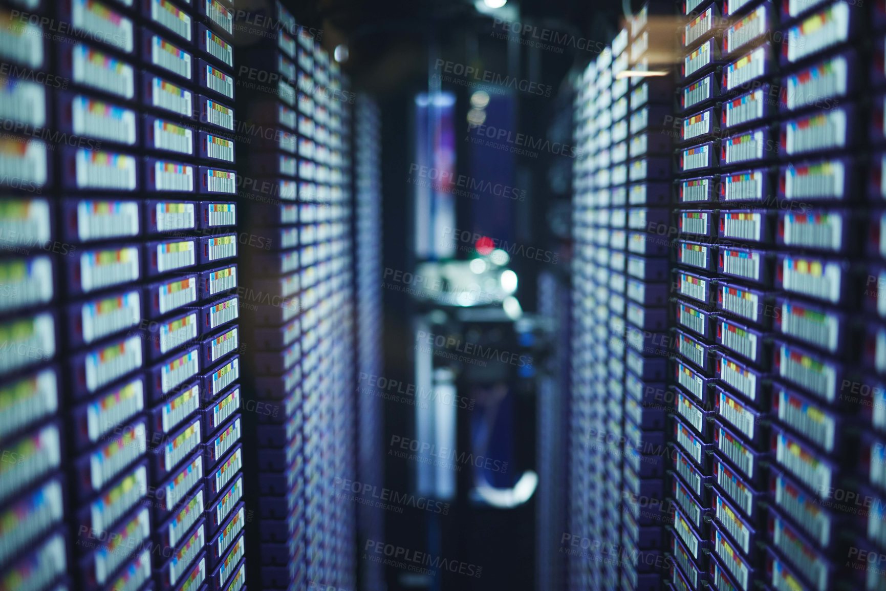 Buy stock photo Internet connection, data center and server room for network infrastructure and lights of computer engineering. Cloud computing, IT support or cybersecurity, neon and software for company information
