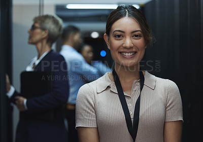 Buy stock photo Portrait of a young beautiful woman working in server room