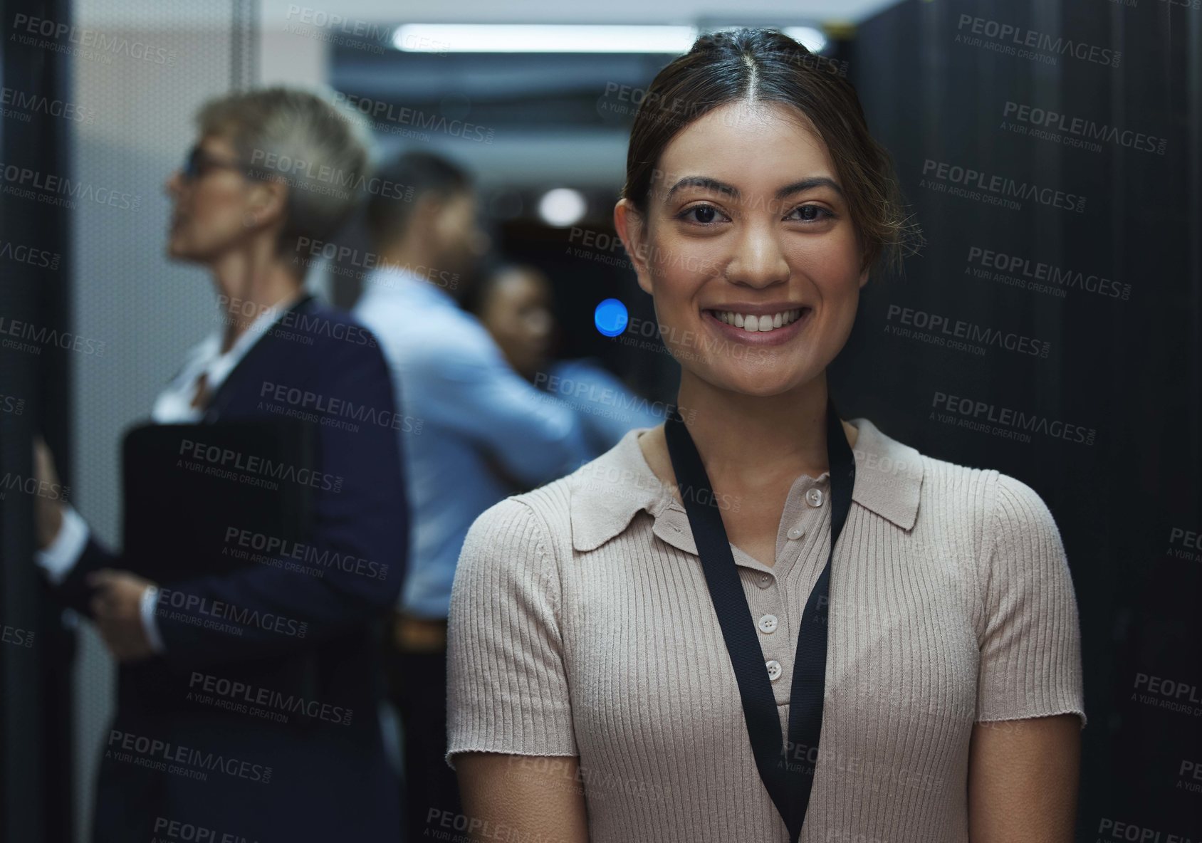 Buy stock photo Portrait of a young beautiful woman working in server room