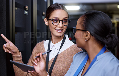 Buy stock photo Programming, server and people with maintenance of technology and IT technician with teamwork. Datacenter, repair and problem solving to fix glitch, error or system inspection with tablet or solution