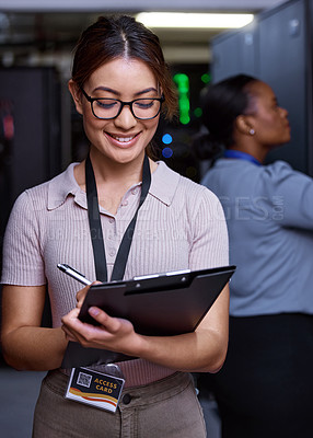 Buy stock photo Woman, computer and server room with tablet for security, firewall and safety from cyber attack. Technician, tech and data center with software for system update, encryption and database management