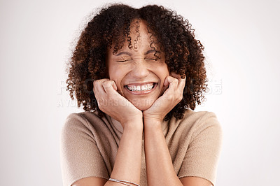 Buy stock photo Cropped shot of an attractive young woman posing in studio against a grey background