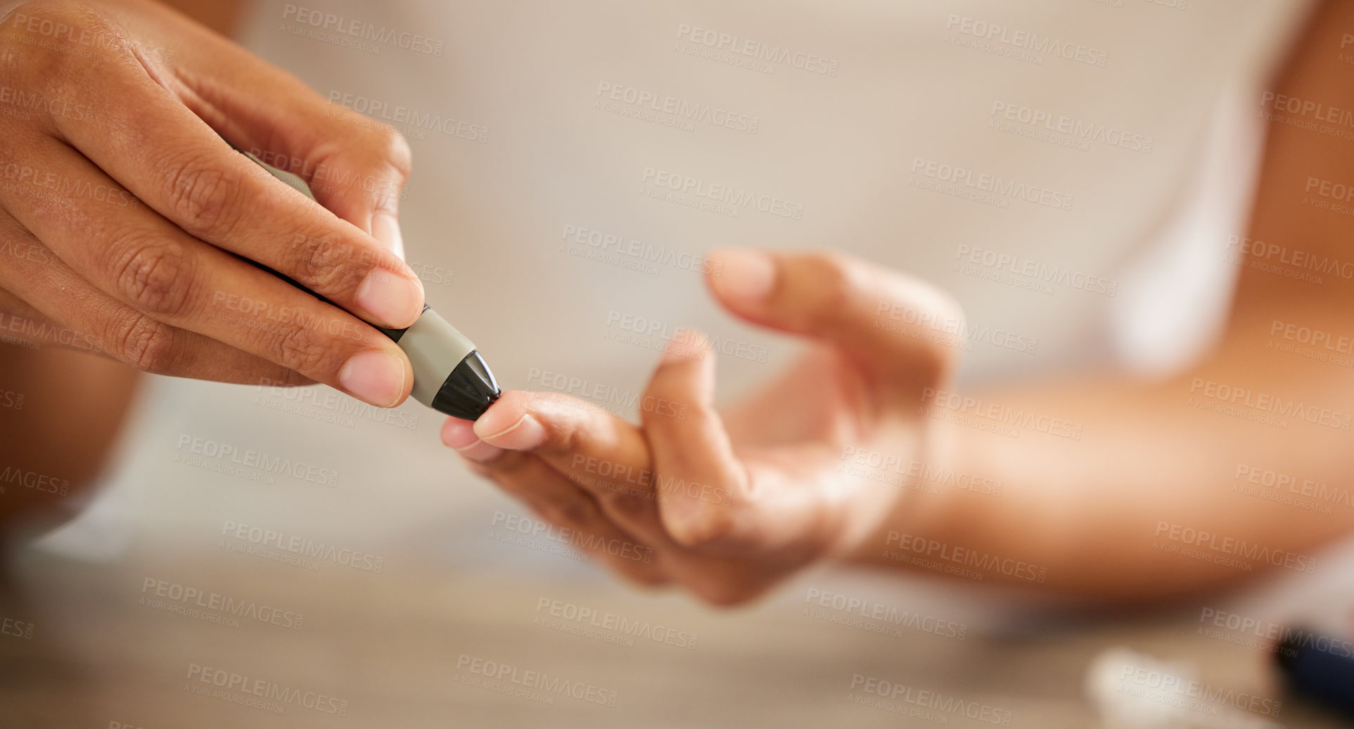 Buy stock photo Finger, diabetes and a person checking their blood sugar level in a home closeup for routine treatment. Hands, test and medical equipment with a diabetic adult taking a sample to check glucose