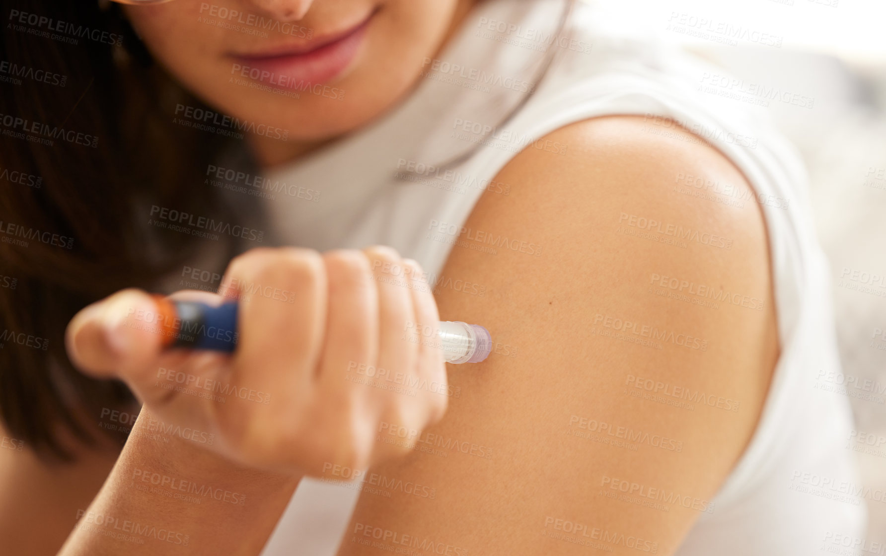 Buy stock photo Person, hands and insulin injection in arm for diabetes, medical condition and treatment at home. Needle, medication and syringe for health, wellness and home care with medicine for blood sugar