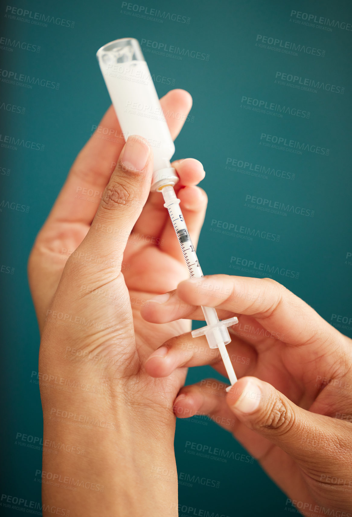 Buy stock photo Vaccine, injection and medicine in hands of person with antidote, healthcare and medication. Medical, drugs and syringe closeup with liquid for patient in hospital or clinic with treatment in bottle