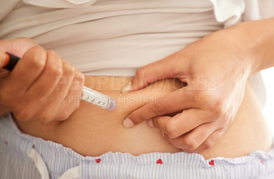 Buy stock photo Woman, hands and insulin injection in stomach for diabetes, medical condition or IVF treatment at home. Needle, medication and syringe for health, wellness and home care with medicine for blood sugar