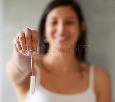 Buy stock photo Hand, woman and tampon with girl, hygiene product and absorbent material with body care. Feminine item, person and cotton with gynecology, stain prevention and home with menses and menstruation cycle