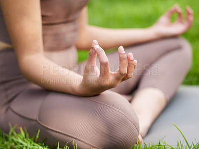 Buy stock photo Woman, hands and meditation with yoga in garden for mindfulness, holistic zen and balance on lawn. Nature yogi, person and relax for pilates with breathing, wellness or mental health outdoor in park 