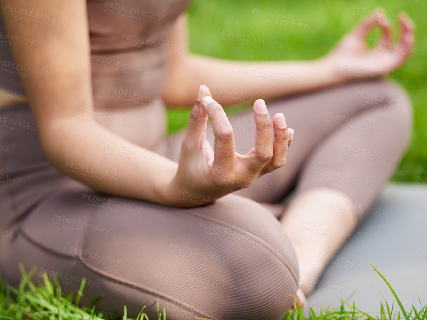 Buy stock photo Woman, hands and meditation with yoga in garden for mindfulness, holistic zen and balance on lawn. Nature yogi, person and relax for pilates with breathing, wellness or mental health outdoor in park 