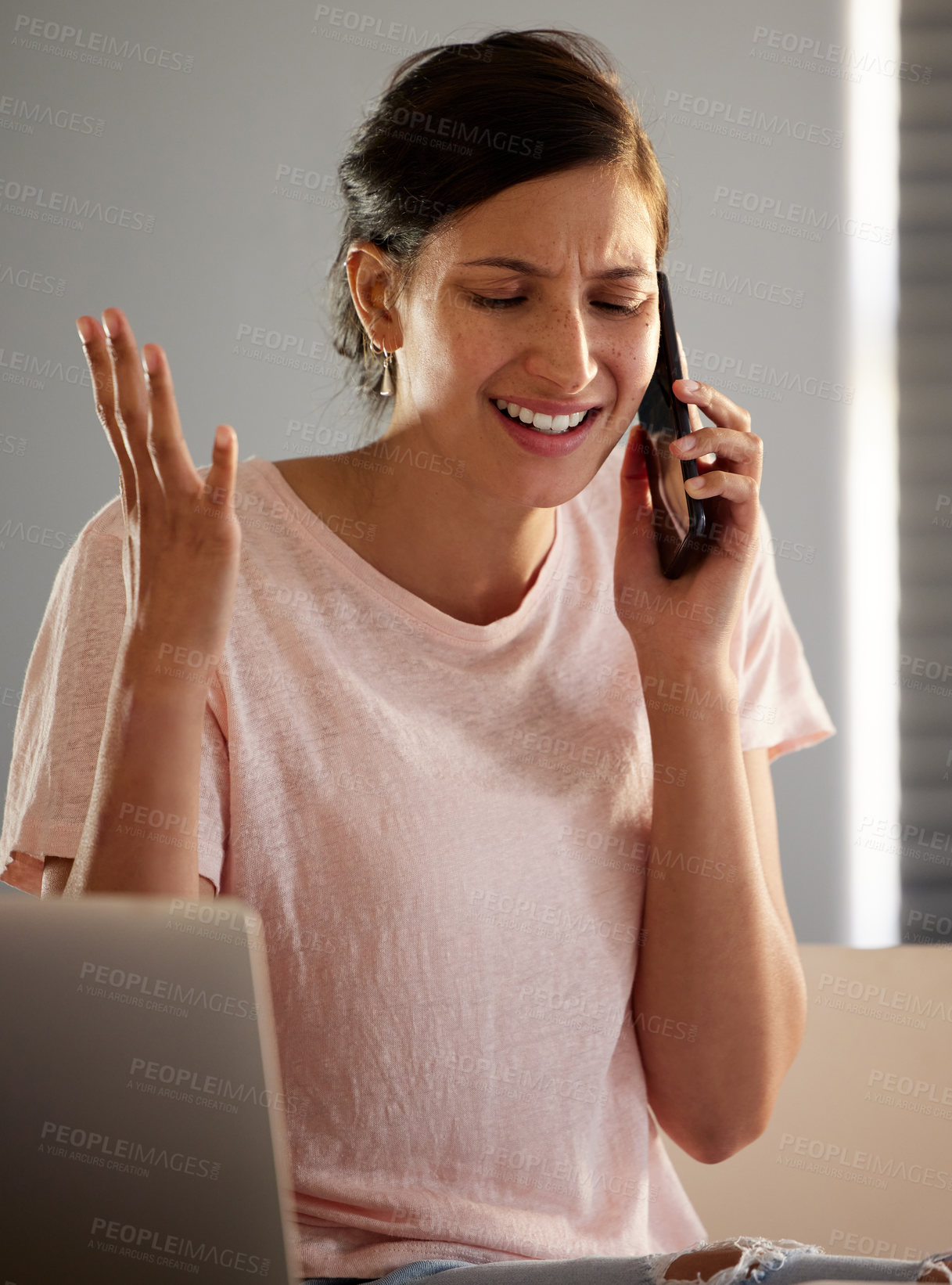 Buy stock photo Remote work, stress and woman with phone call in home office for phishing, glitch or laptop 404 error. Smartphone, fail and freelance consultant frustrated by scam, crisis or connection disaster