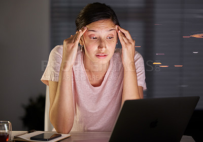 Buy stock photo Student, girl and laptop in night with headache, stress and anxiety to study for college test in home. Woman, person and thinking by computer with fatigue, elearning and assessment for online course