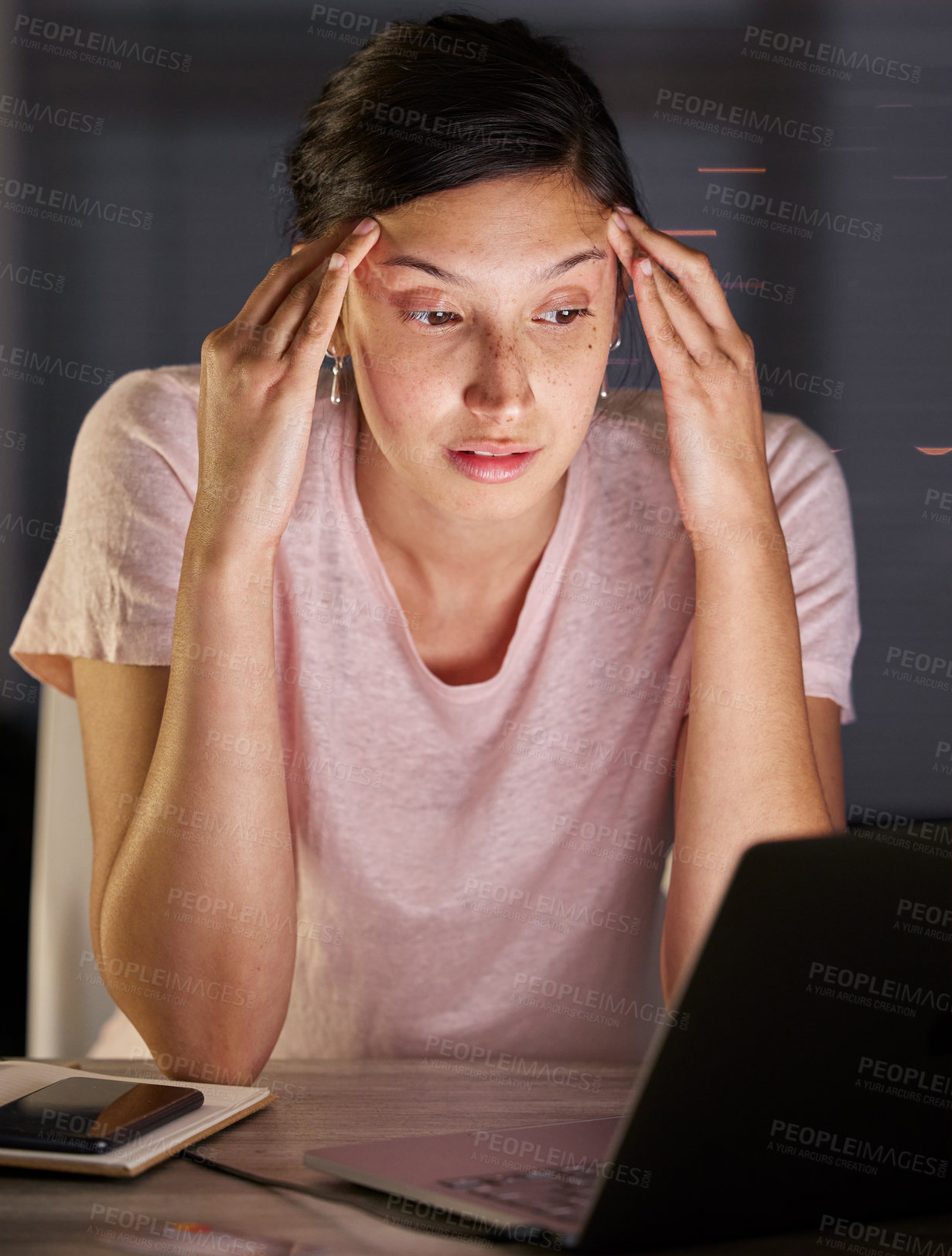 Buy stock photo Night, laptop and woman with remote work stress, headache or burnout in home office with bad news, tax or audit. Confused, anxiety and freelance consultant frustrated by 404, pc or system mistake