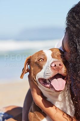 Buy stock photo Pet, nature and dog with woman on beach for exercise, training and adventure outdoors. Happy, excited and pitbull with person on holiday, summer vacation and weekend for games, bonding and fun
