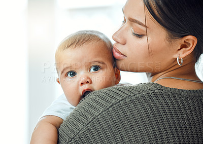 Buy stock photo Hug, woman and baby in arms for support, development and growth together in bedroom. Love, mother and child in family home for trust, connection and time with mama and healthy kid in apartment